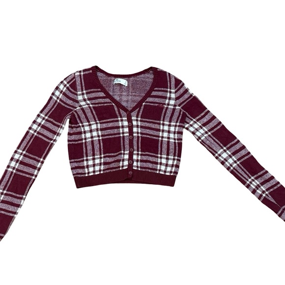 ♥️ Hollister Burgundy White Plaid Cropped Cardigan Size S - Picture 3 of 11